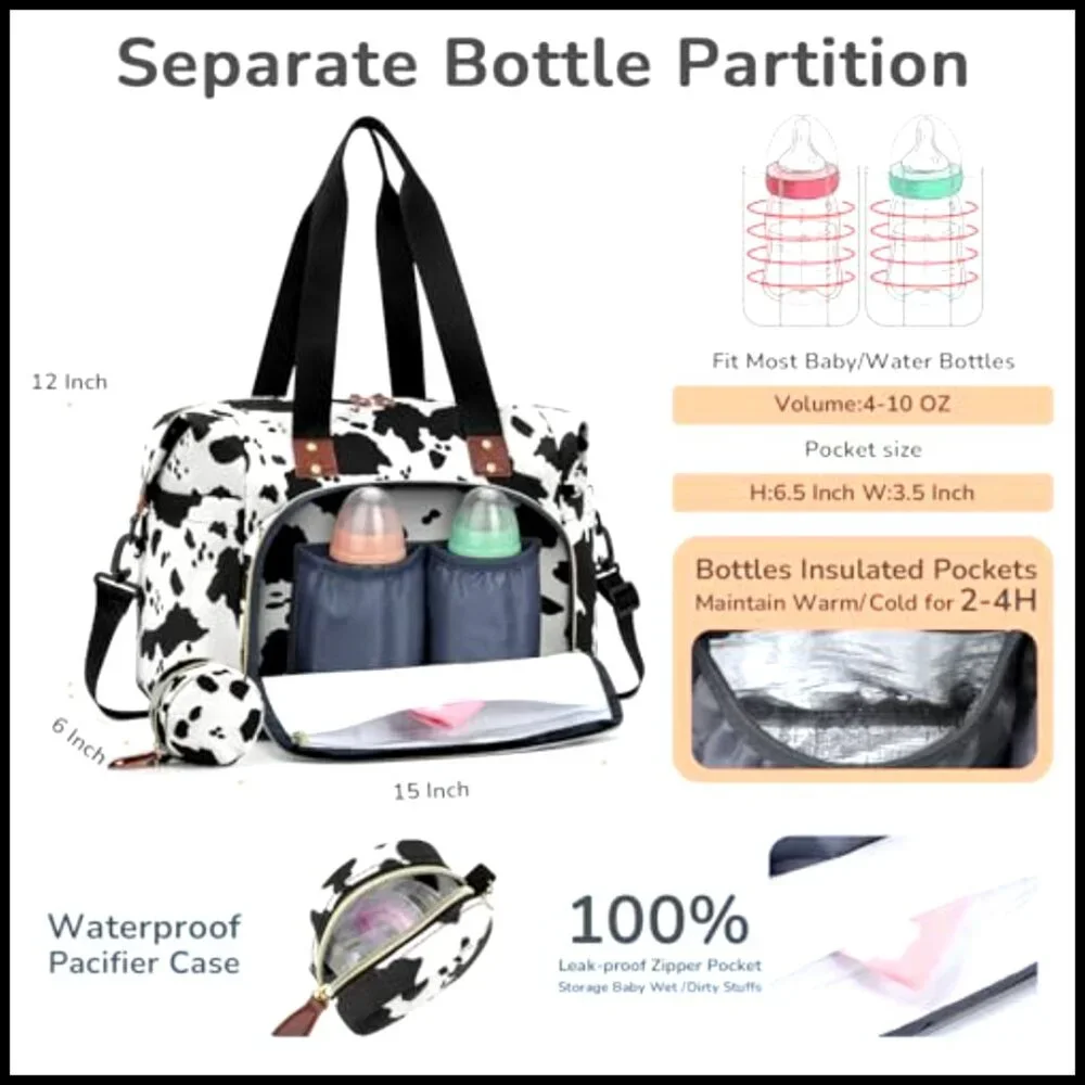 Medium Diaper Tote Bag with 10 Pockets, Insulated Bottle Holders, Luggage Sleeve
